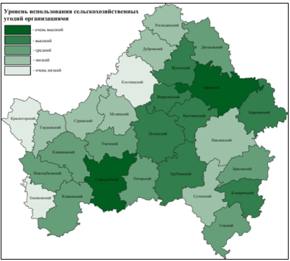 Районы Брянской области по уровню использования сельскохозяйственных угодий организациями