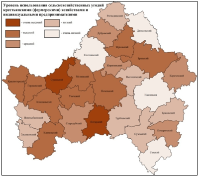 Районы Брянской области по уровню использования сельскохозяйственных угодий крестьянскими (фермерскими) хозяйствами