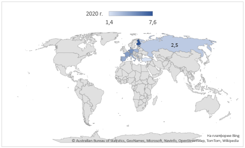 Специалисты по ИКТ по странам в 2020 г., в % от общей численности занятых