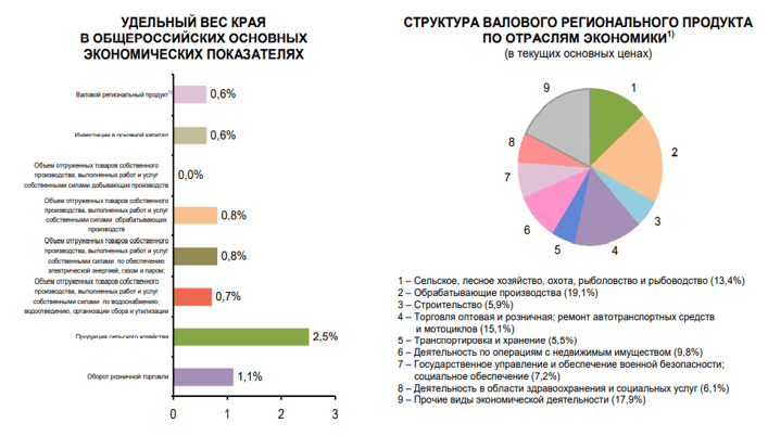 Удельный вес Алтайского края в общероссийских основных экономических показателях. Структура валового регионального продукта по отраслям экономики