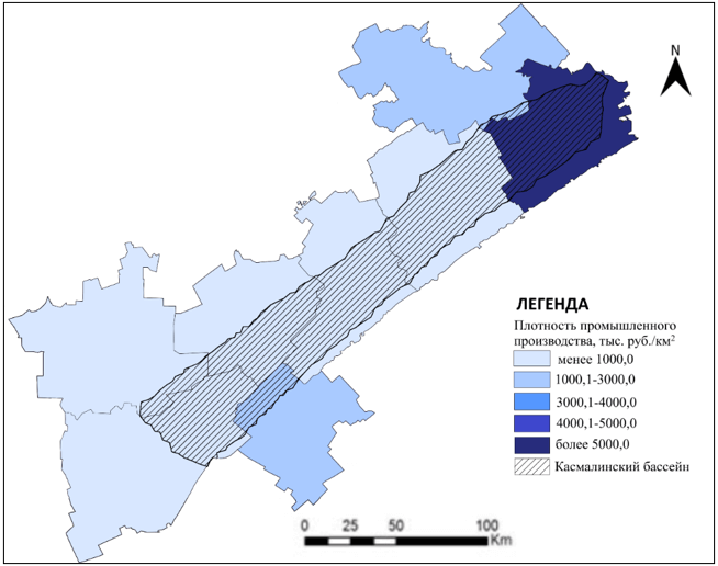 Плотность промышленного производства на водосборной территории реки Касмала