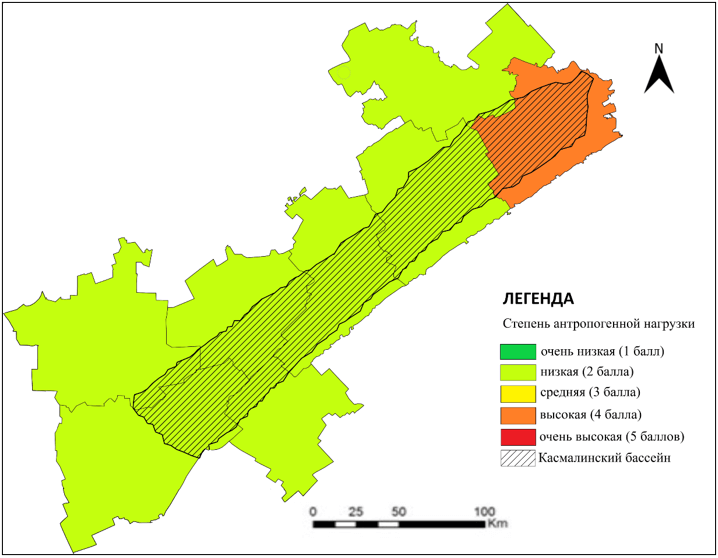 Зонирование (ранжирование) территории бассейна реки Касмала по степени антропогенной нагрузки